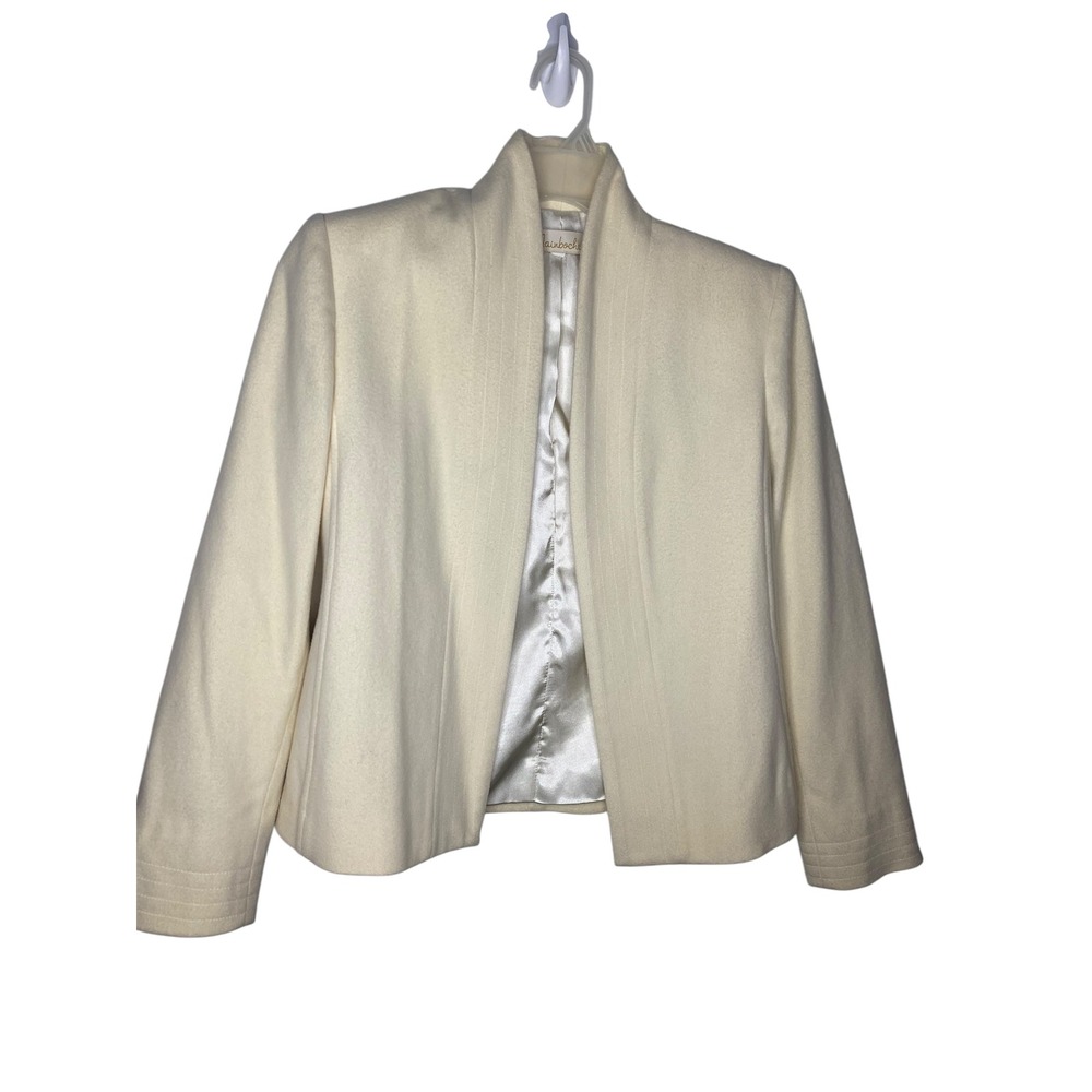 Mainbocher Ivory Cream Open Front Stand Collar Structured Cashmere Jacket Sz 4